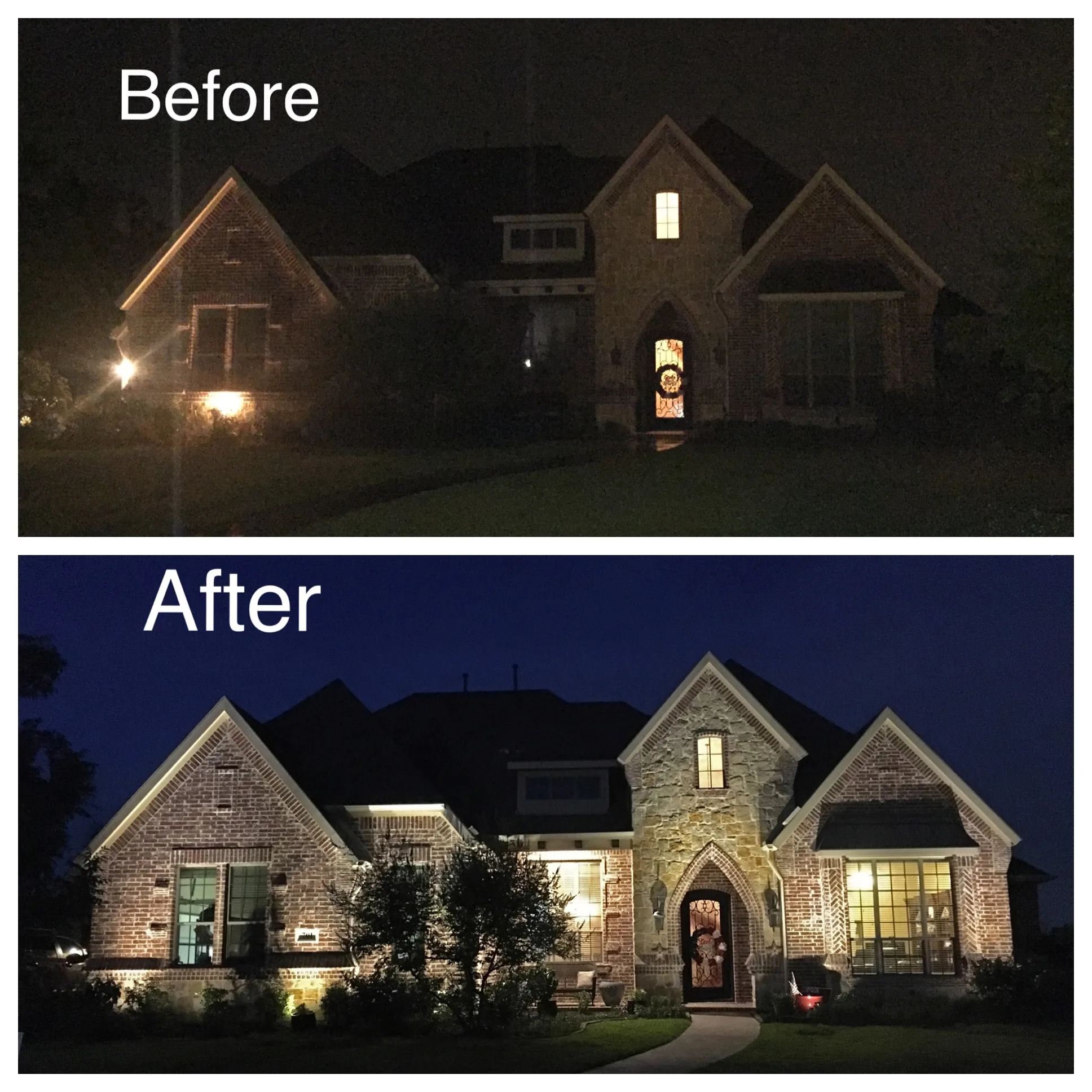 A house transforms from dark to brightly illuminated with elegant outdoor lighting