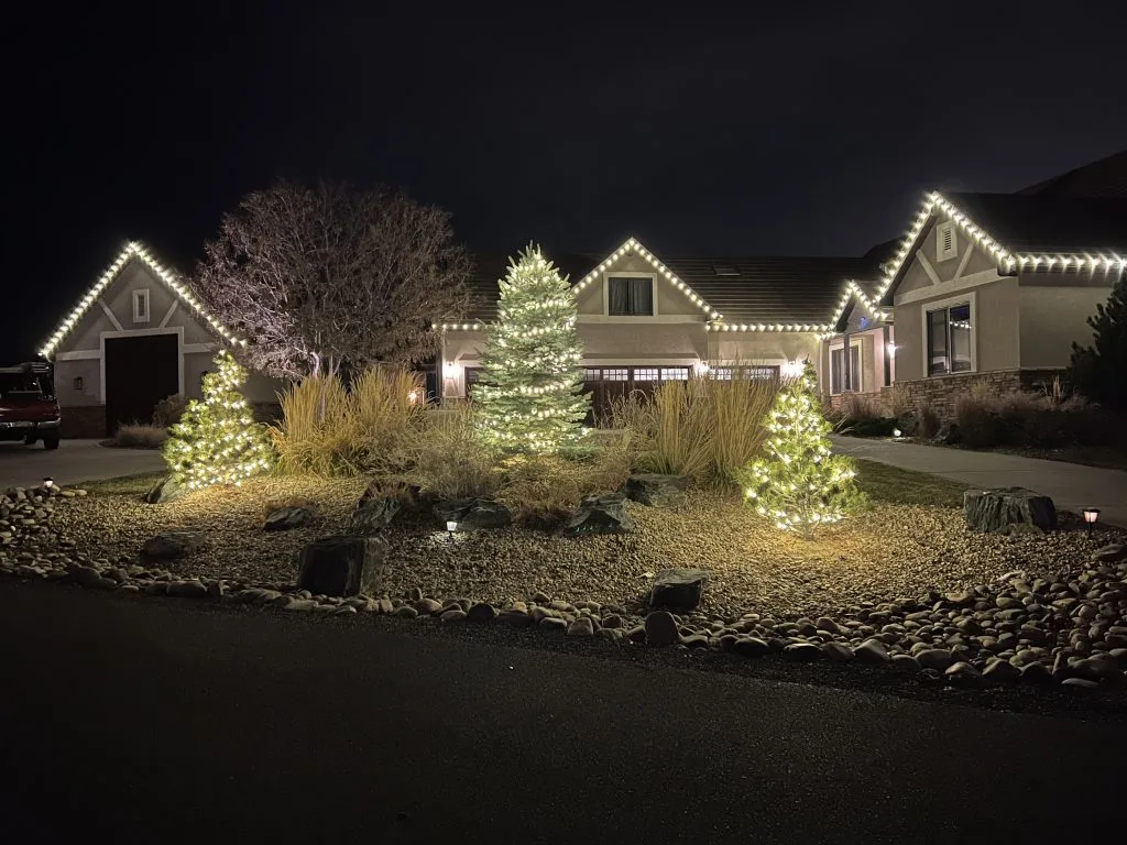 A beautifully decorated house gleams with festive lights amidst a tranquil nighttime scene
