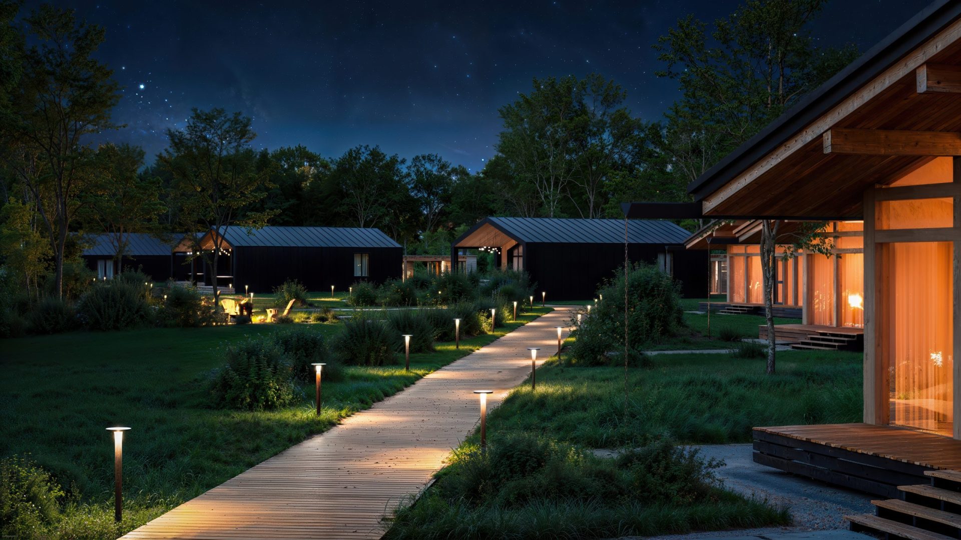 Soft lights illuminate a pathway winding through a tranquil, wooded retreat at night