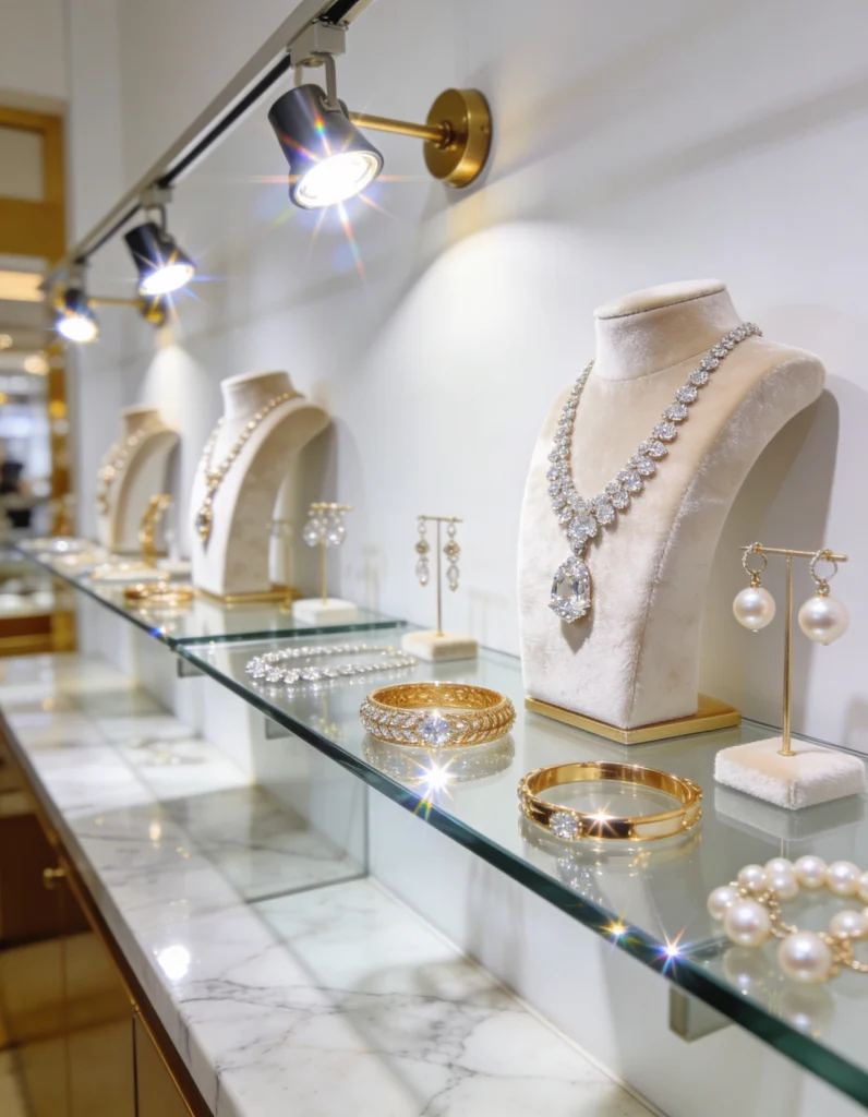 Elegant jewelry displays showcase necklaces, earrings, and bracelets under soft lighting