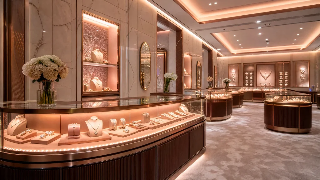 A luxurious jewelry store features elegant displays illuminated by warm lighting