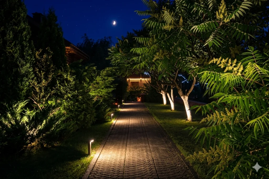 A smooth path is illuminated by soft lights, surrounded by lush greenery under a night sky