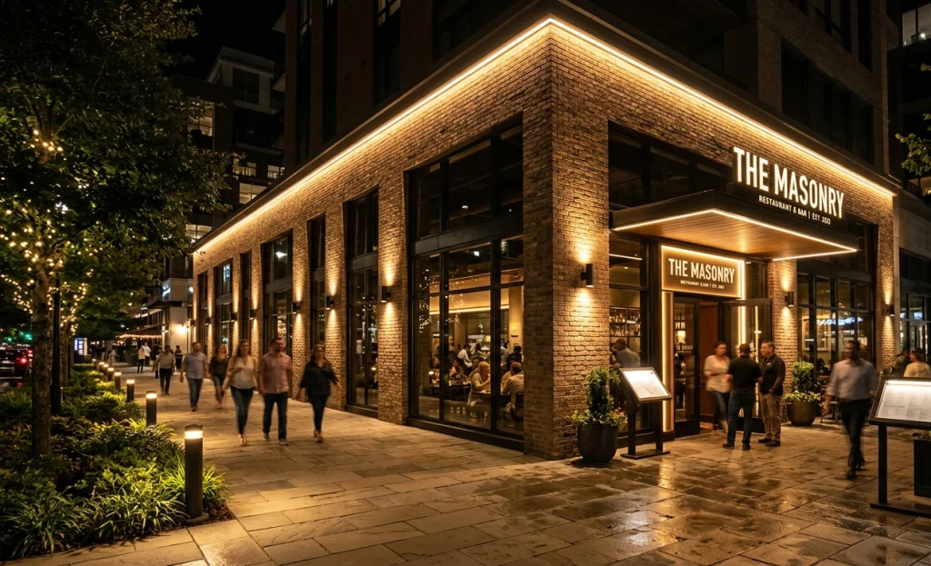 A lively restaurant exterior glows warmly at night, with diners and pedestrians nearby