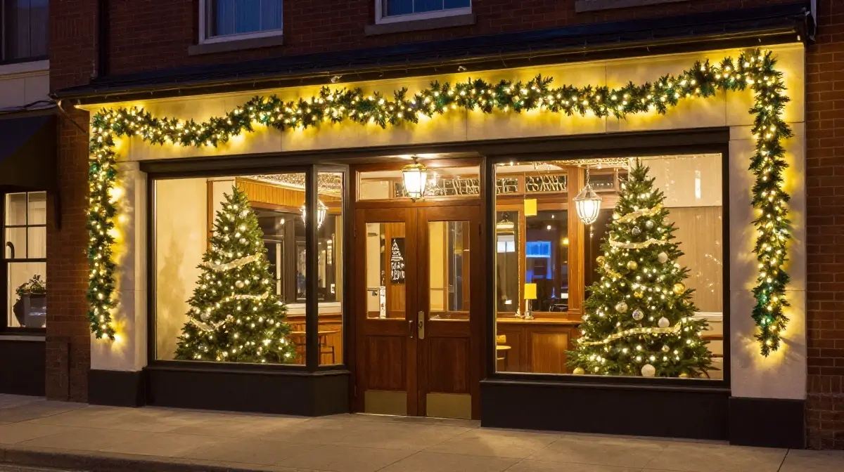 A storefront is beautifully decorated with holiday lights and two Christmas trees