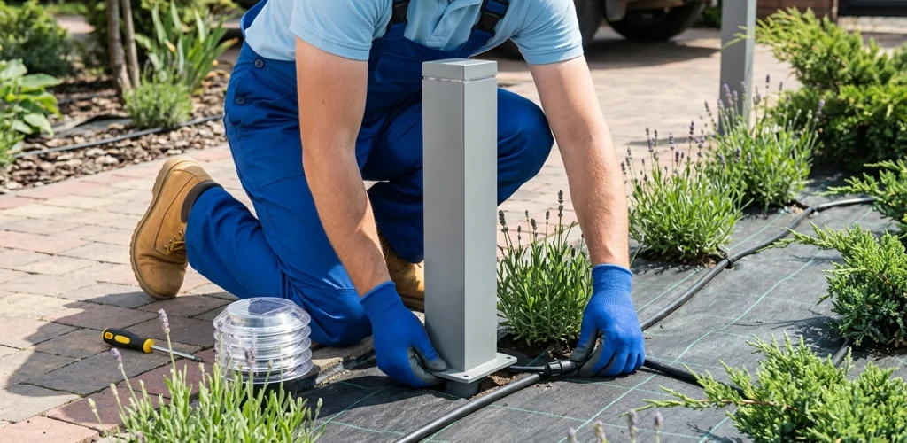 A person in blue overalls installs a garden light while kneeling on the ground