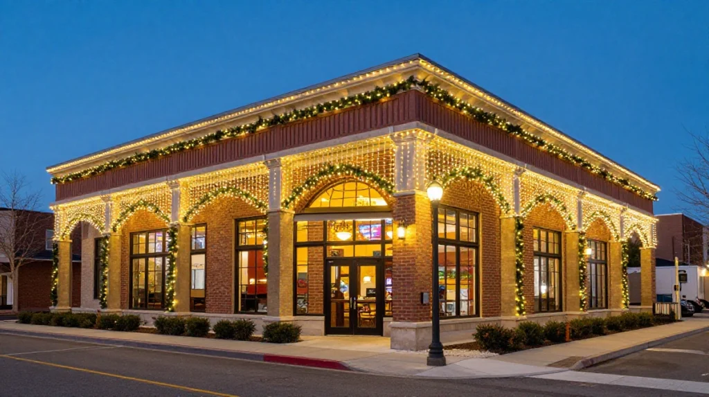 A warmly lit building adorned with festive decorations glows against the twilight sky