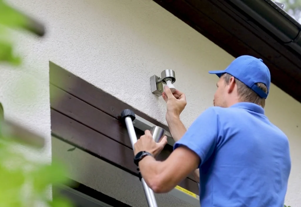 A person in a blue cap installs a fixture on a white wall
