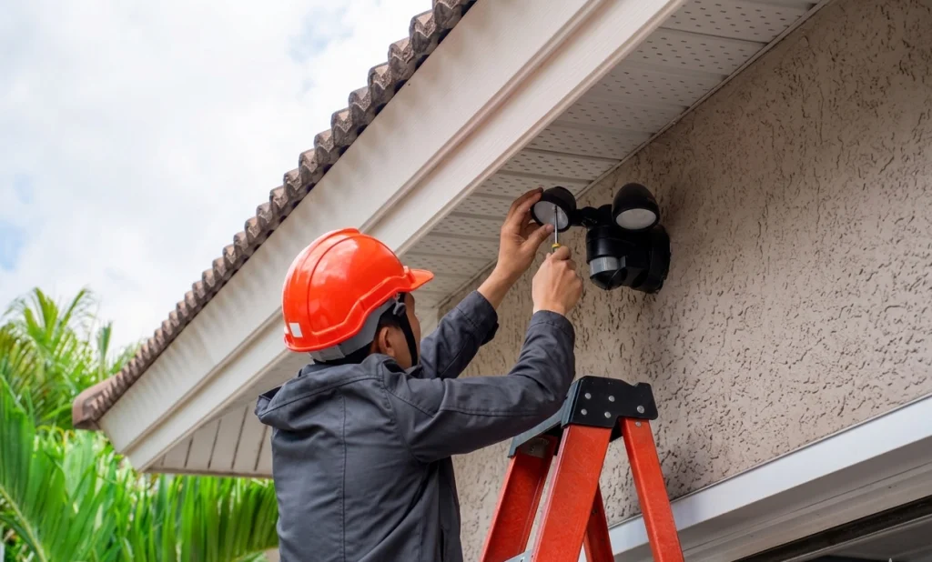 A worker in a hard hat installs a light fixture using a ladder