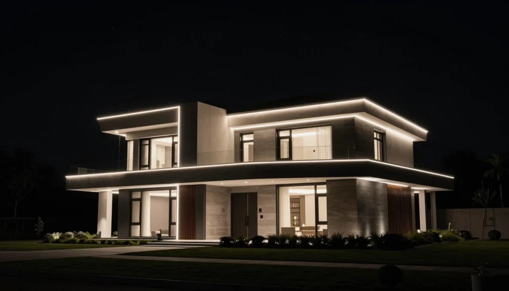 A modern house is illuminated by glowing exterior lights at night
