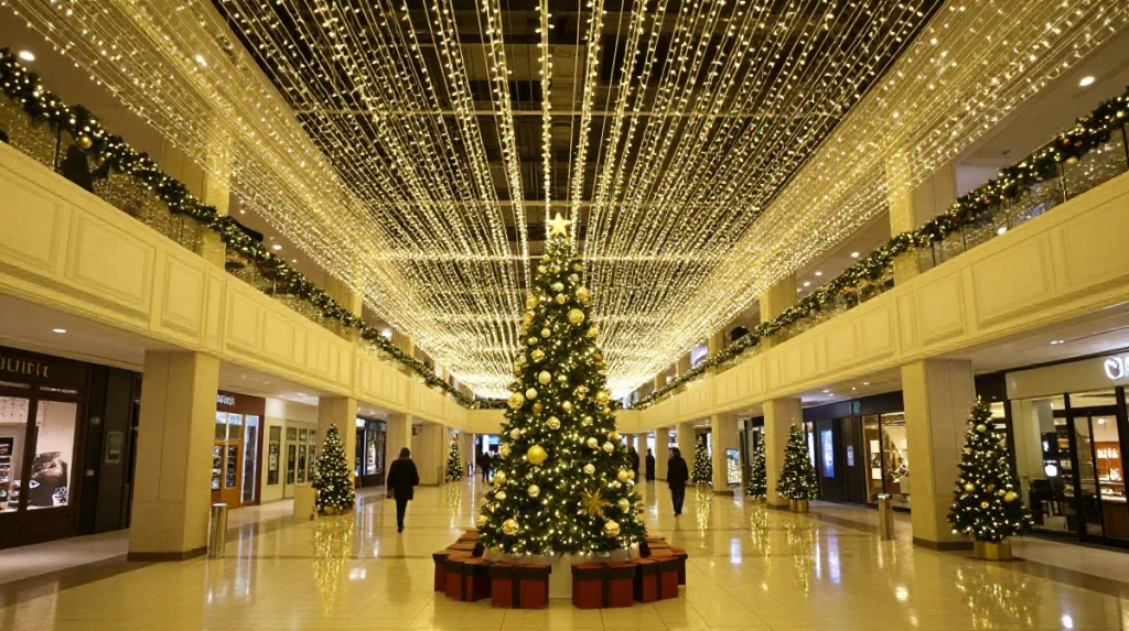 A beautifully decorated Christmas tree stands under dazzling overhead lights in a bustling shopping mall