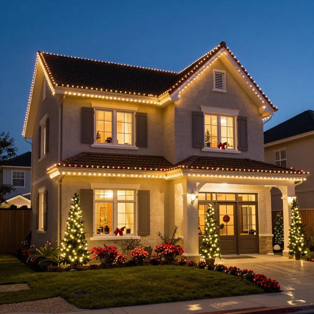 A beautifully lit house adorned with festive decorations glows warmly at dusk