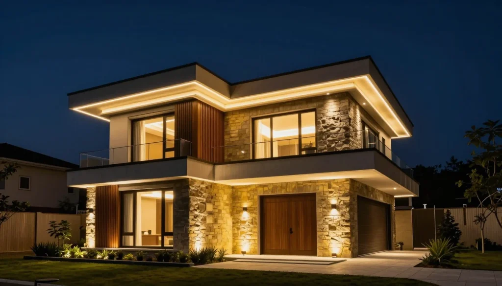 A modern house illuminates the night with warm lighting and sleek architecture