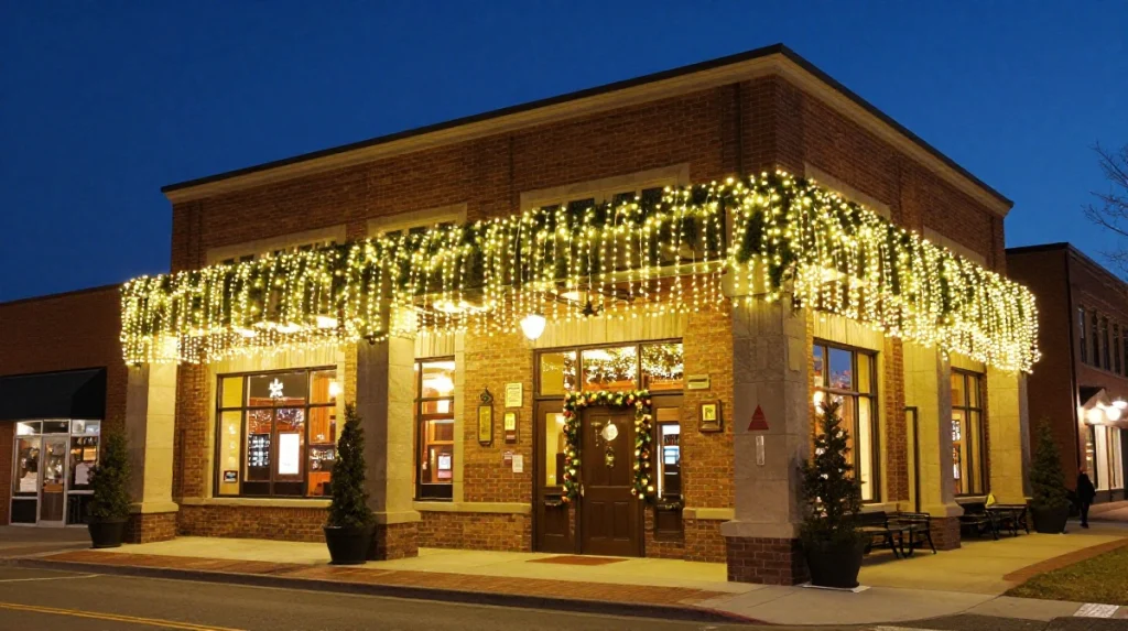 A brightly lit building adorned with festive string lights and holiday decorations