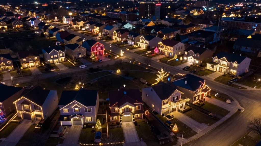 A neighborhood sparkles with colorful holiday lights decorating the houses