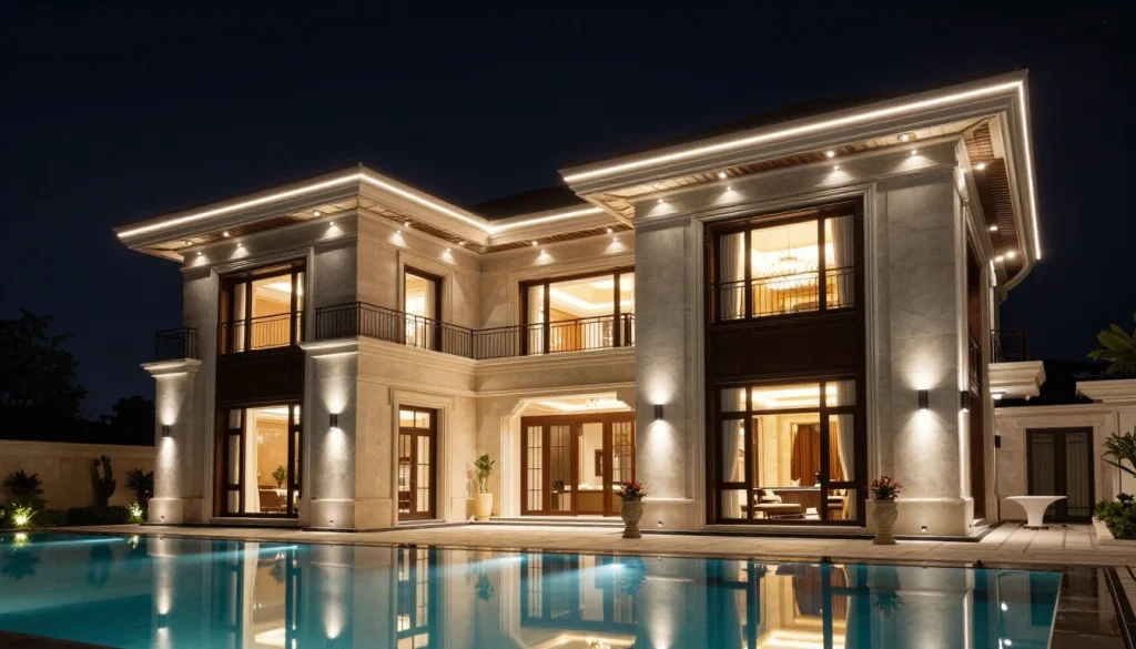 A luxurious villa glows under the night sky, reflecting in a tranquil pool
