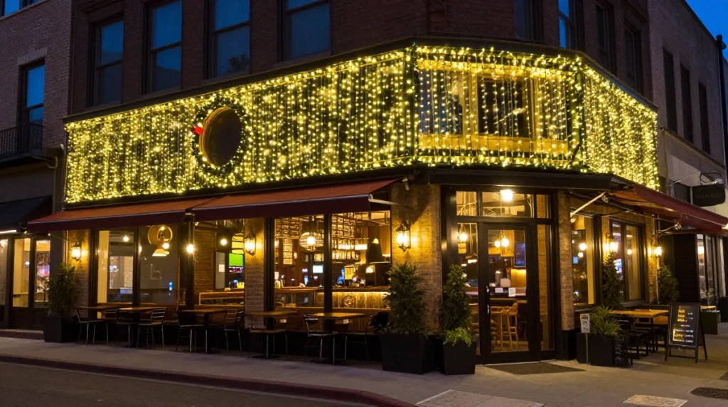 A cozy restaurant adorned with warm, twinkling lights at dusk