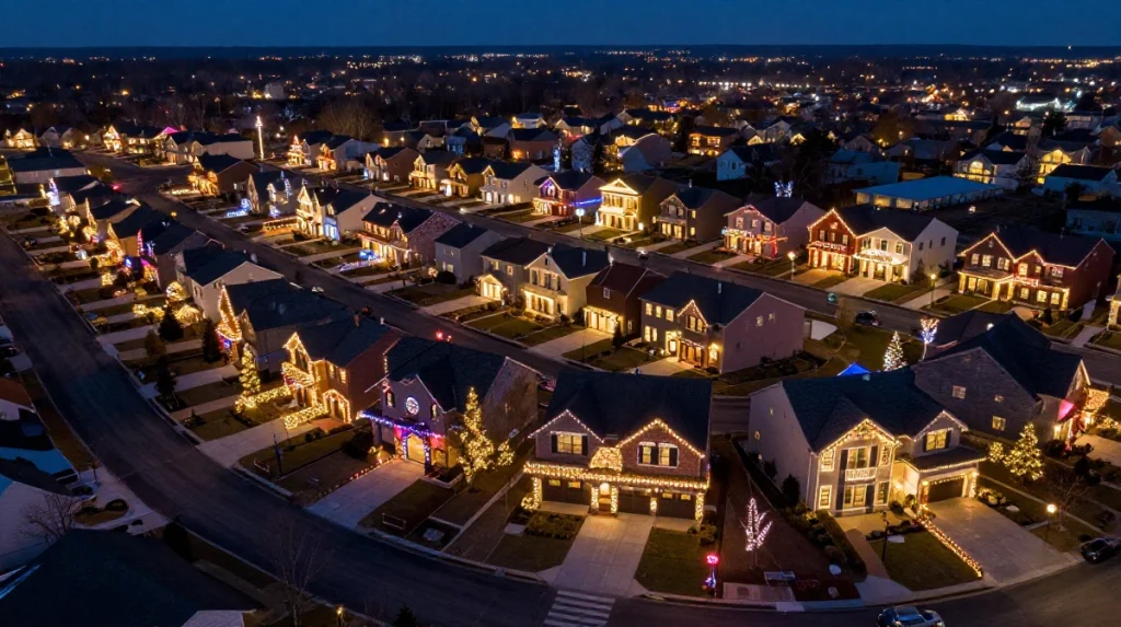A neighborhood is beautifully illuminated with festive lights during twilight