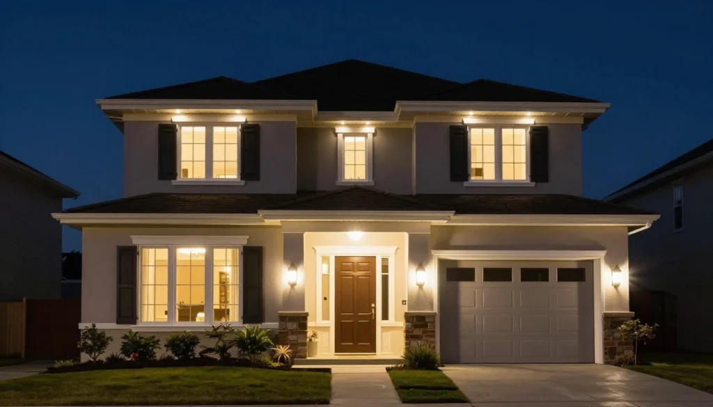 A warmly lit modern house glows invitingly in the night