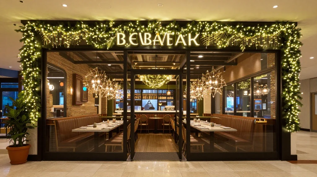 A warmly-lit restaurant entrance adorned with greenery and soft lighting invites patrons inside