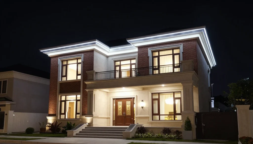 A modern house glows with warm lights against a dark night sky