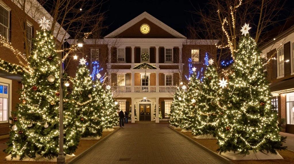 Two rows of beautifully lit Christmas trees flank a festive building at night