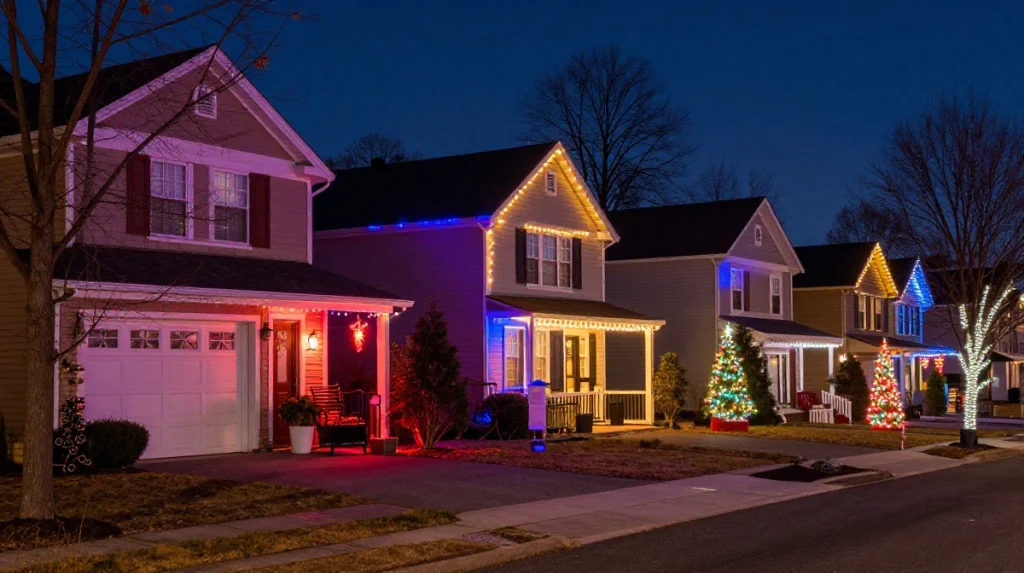 Colorful holiday lights adorn several houses, creating a festive winter evening atmosphere
