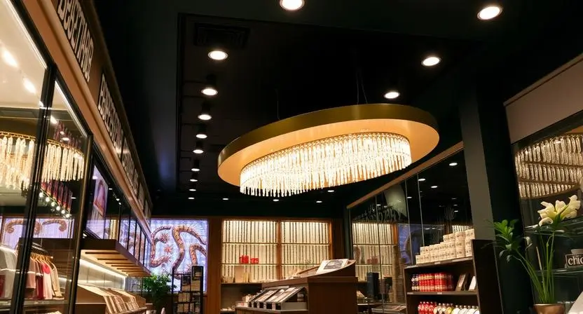 A modern boutique features elegant lighting and stylish product displays