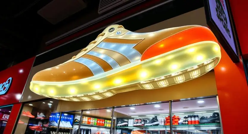 A giant illuminated sneaker hangs above a vibrant storefront, attracting attention
