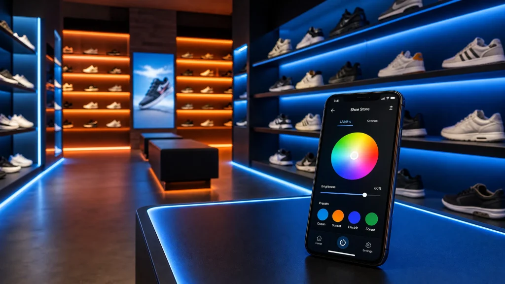 A smartphone displays a color wheel in a stylish sneaker store with illuminated shelves